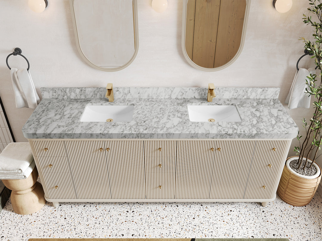 Miami 84 in. W x 22 in. D Double Sink Bathroom Vanity in Fine Grain with 2 in Carrara Marble Countertop - Top View