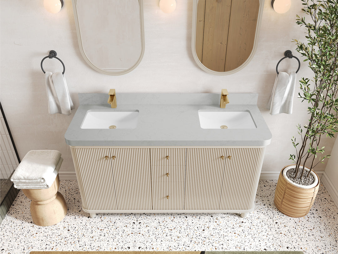 Miami 60 in. W x 22 in. D Double Sink Bathroom Vanity in Fine Grain with 2 in Carrara Quartz Countertop - Top View