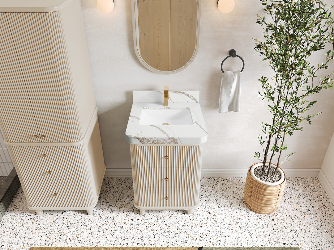 Miami 24 in. W x 22 in. D Single Sink Bathroom Vanity in Fine Grain with 2 in Calacatta Gold Quartz Countertop - Top View
