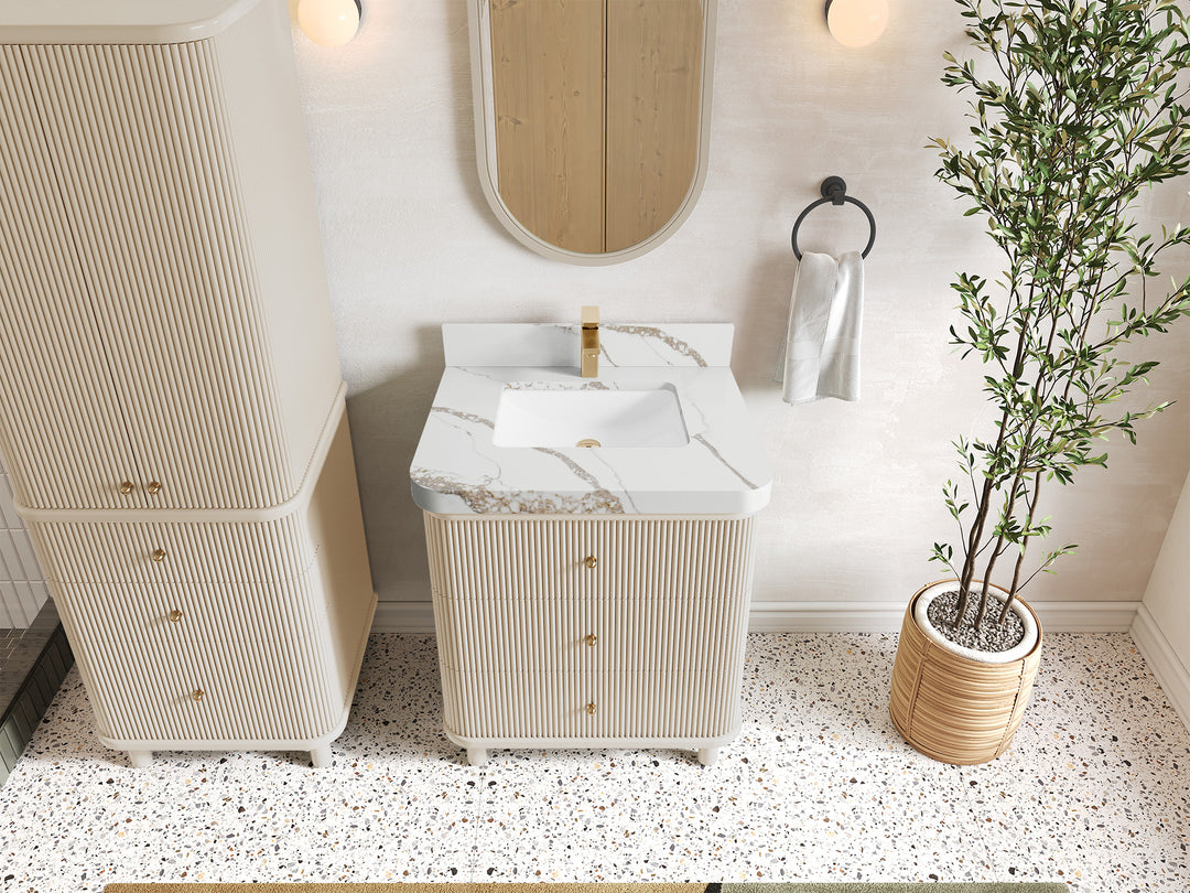 Miami 30 in. W x 22 in. D Single Sink Bathroom Vanity in Fine Grain with 2 in Calacatta Gold Quartz Countertop - Top View