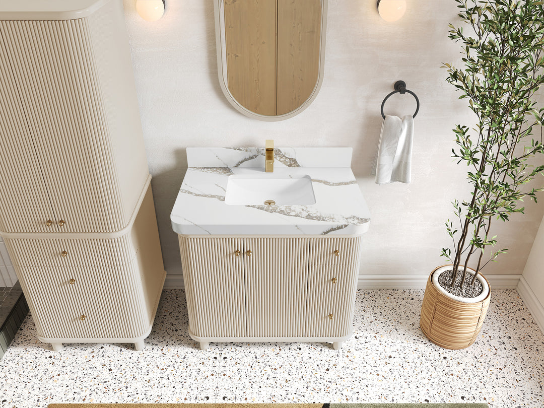 Miami 36 in. W x 22 in. D Center Sink Bathroom Vanity in Fine Grain with Calacatta Gold Quartz Countertop - Top View