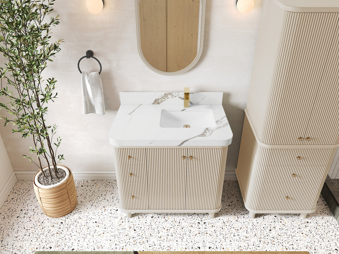 Miami 36 in. W x 22 in. D  Right Offset Sink Bathroom Vanity in Fine Grain with Calacatta Gold Quartz Countertop - Top View