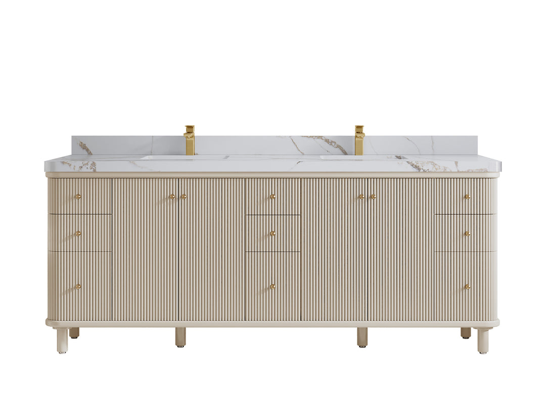 Miami 84 in. W x 22 in. D Double Sink Bathroom Vanity in Fine Grain with 2 in Calacatta Gold Quartz Countertop