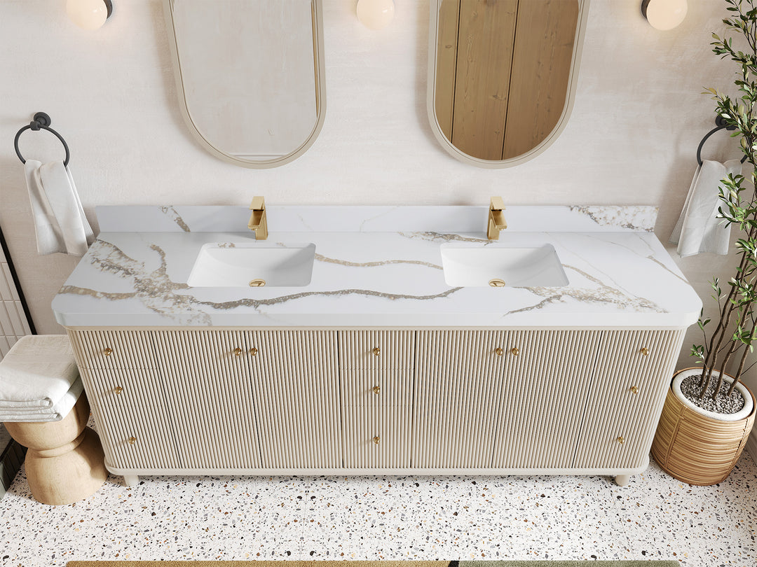 Miami 84 in. W x 22 in. D Double Sink Bathroom Vanity in Fine Grain with 2 in Calacatta Gold Quartz Countertop - Top View