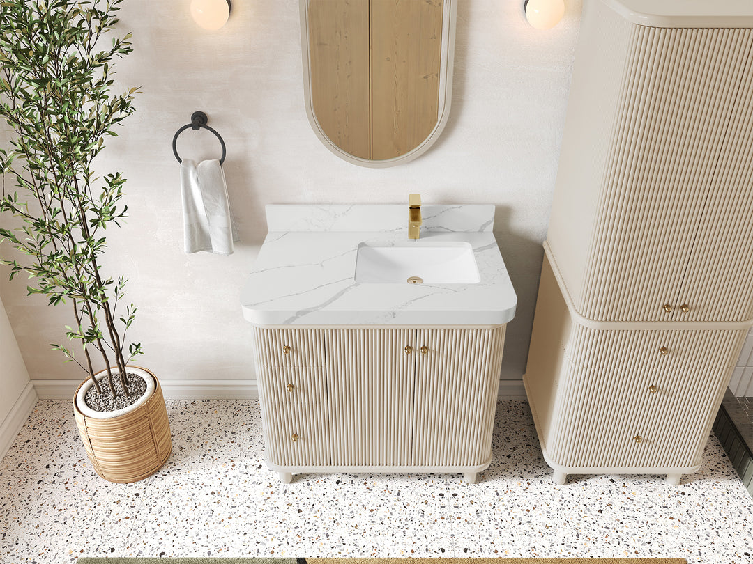 Miami 36 in. W x 22 in. D  Right Offset Sink Bathroom Vanity in Fine Grain with Calacatta Laza Quartz Countertop - Top View
