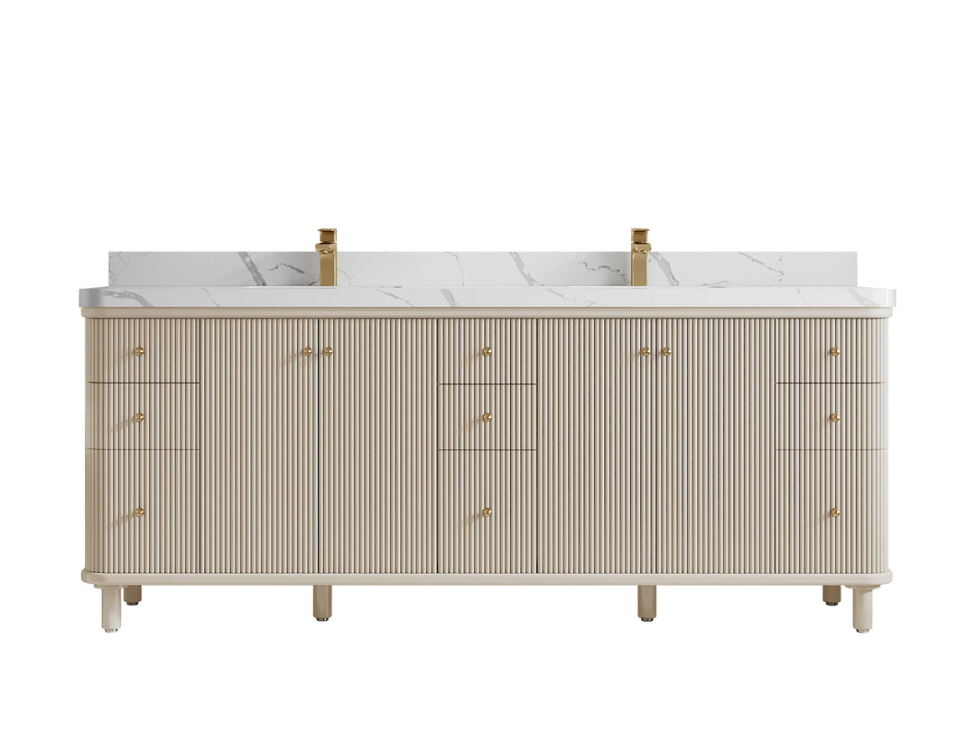 Miami 84 in. W x 22 in. D Double Sink Bathroom Vanity in Fine Grain with 2 in Calacatta Laza Quartz Countertop