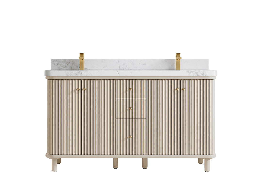 Miami 60 in. W x 22 in. D Double Sink Bathroom Vanity in Fine Grain with 2 in Calacatta Nuvo Quartz Countertop