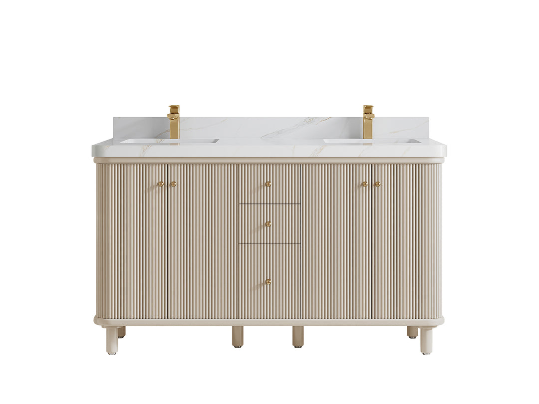 Miami 60 in. W x 22 in. D Double Sink Bathroom Vanity in Fine Grain with 2 in Calacatta Sienna Quartz Countertop