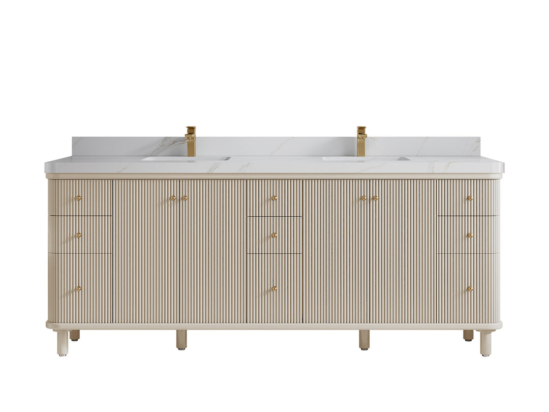 Miami 84 in. W x 22 in. D Double Sink Bathroom Vanity in Fine Grain with 2 in Calacatta Sienna Quartz Countertop