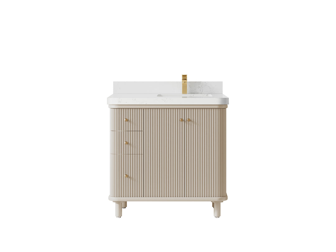 Miami 36 in. W x 22 in. D  Right Offset Sink Bathroom Vanity in Fine Grain with Empira White Quartz Countertop