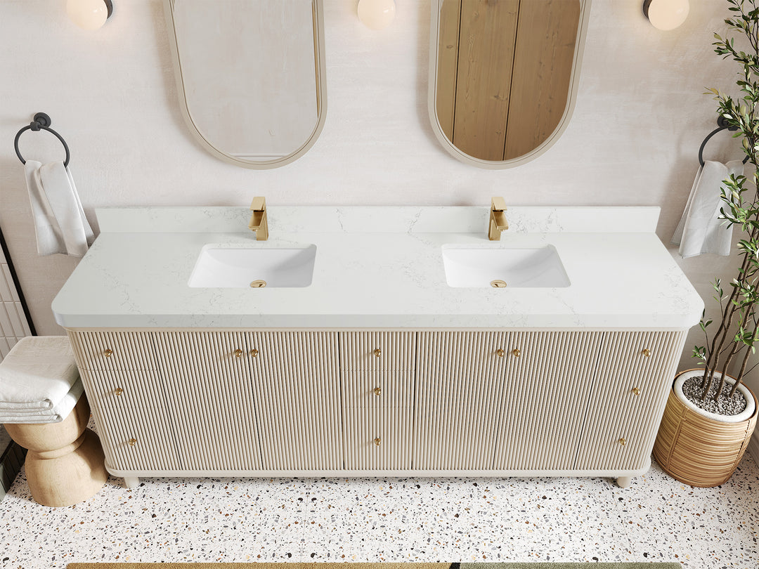 Miami 84 in. W x 22 in. D Double Sink Bathroom Vanity in Fine Grain with 2 in Empira White Quartz Countertop - Top View