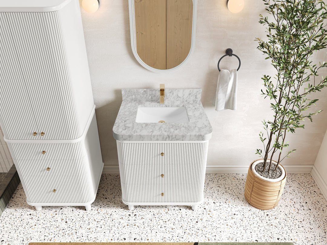 Miami 30 in. W x 22 in. D Single Sink Bathroom Vanity in White with 2 in Carrara Marble Countertop - Top View