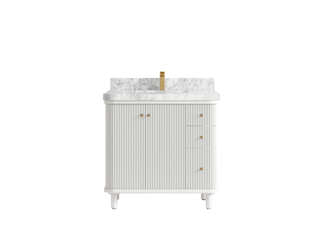 Miami 36 in. W x 22 in. D Center Sink Bathroom Vanity in White with Carrara Marble Countertop