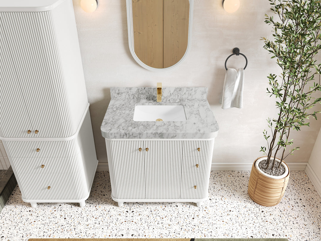 Miami 36 in. W x 22 in. D Center Sink Bathroom Vanity in White with Carrara Marble Countertop - Top View