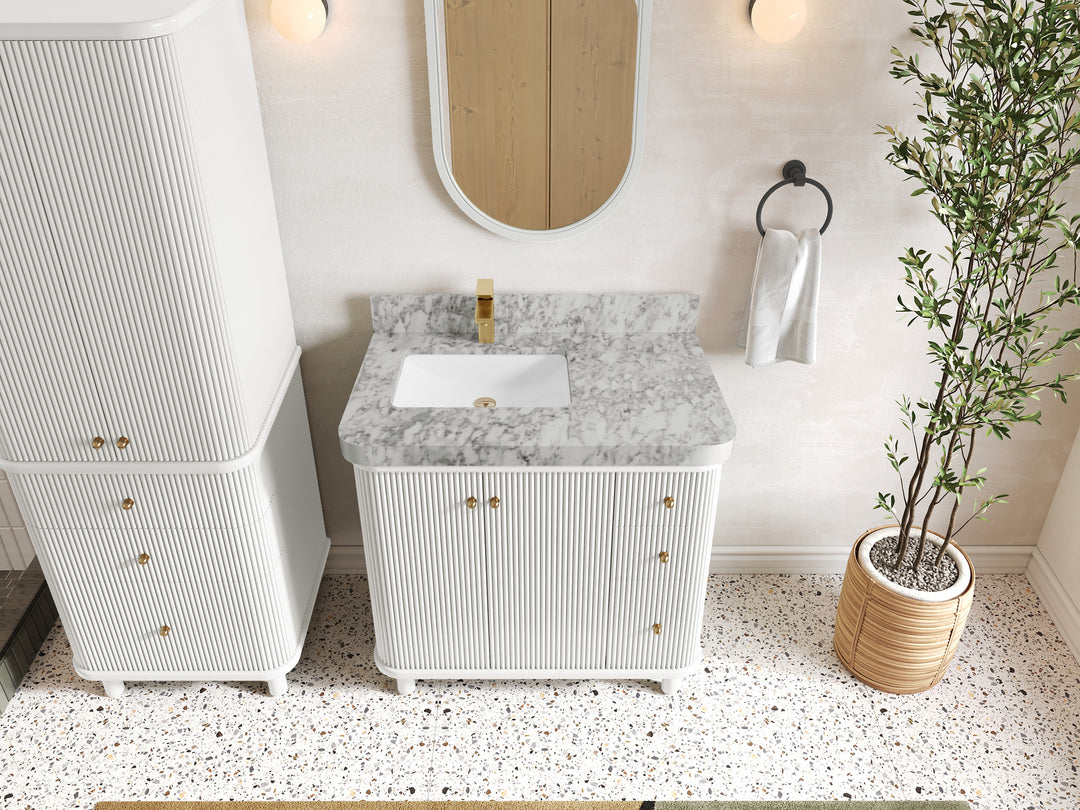 Miami 36 in. W x 22 in. D  Left Offset Sink Bathroom Vanity in White with Carrara Marble Countertop - Top View