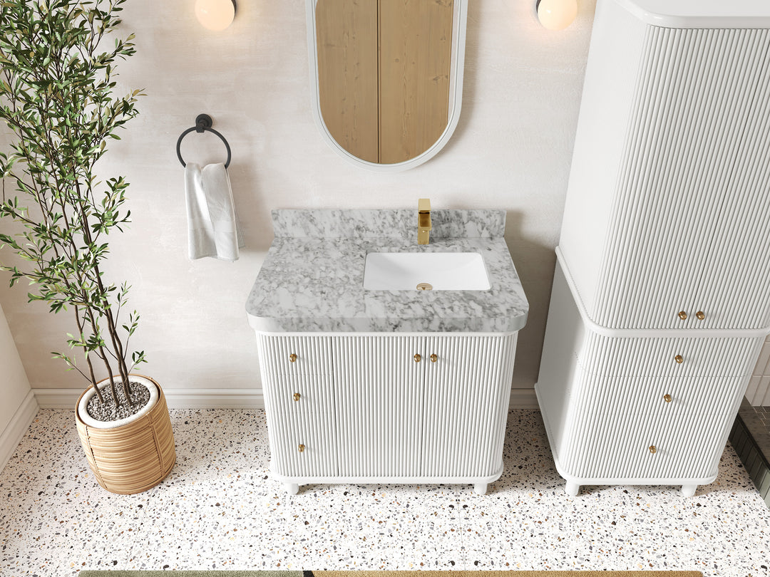Miami 36 in. W x 22 in. D  Right Offset Sink Bathroom Vanity in White with Carrara Marble Countertop - Top View