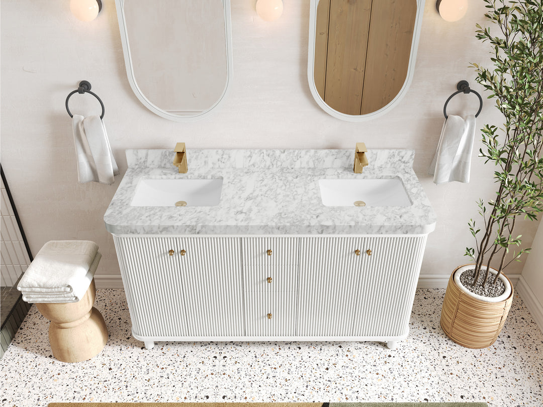 Miami 60 in. W x 22 in. D Double Sink Bathroom Vanity in White with 2 in Carrara Marble Countertop - Top View