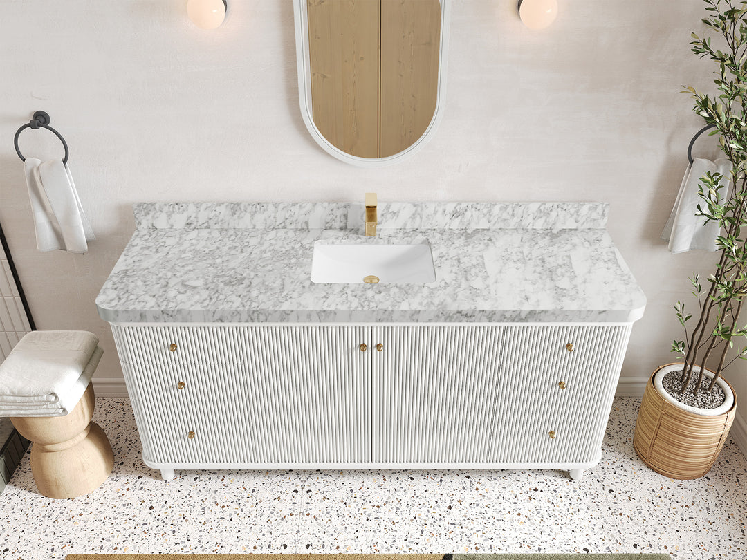 Miami 72 in. W x 22 in. D Double Sink Bathroom Vanity in White with 2 in Carrara Marble Countertop - Top View