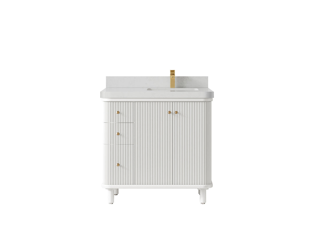 Miami 36 in. W x 22 in. D  Right Offset Sink Bathroom Vanity in White with Carrara Quartz Countertop