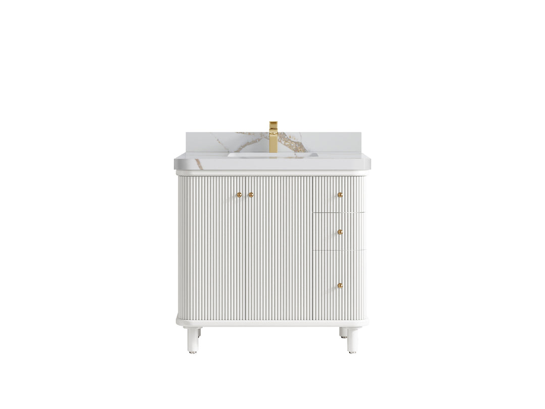 Miami 36 in. W x 22 in. D Center Sink Bathroom Vanity in White with Calacatta Gold Quartz Countertop