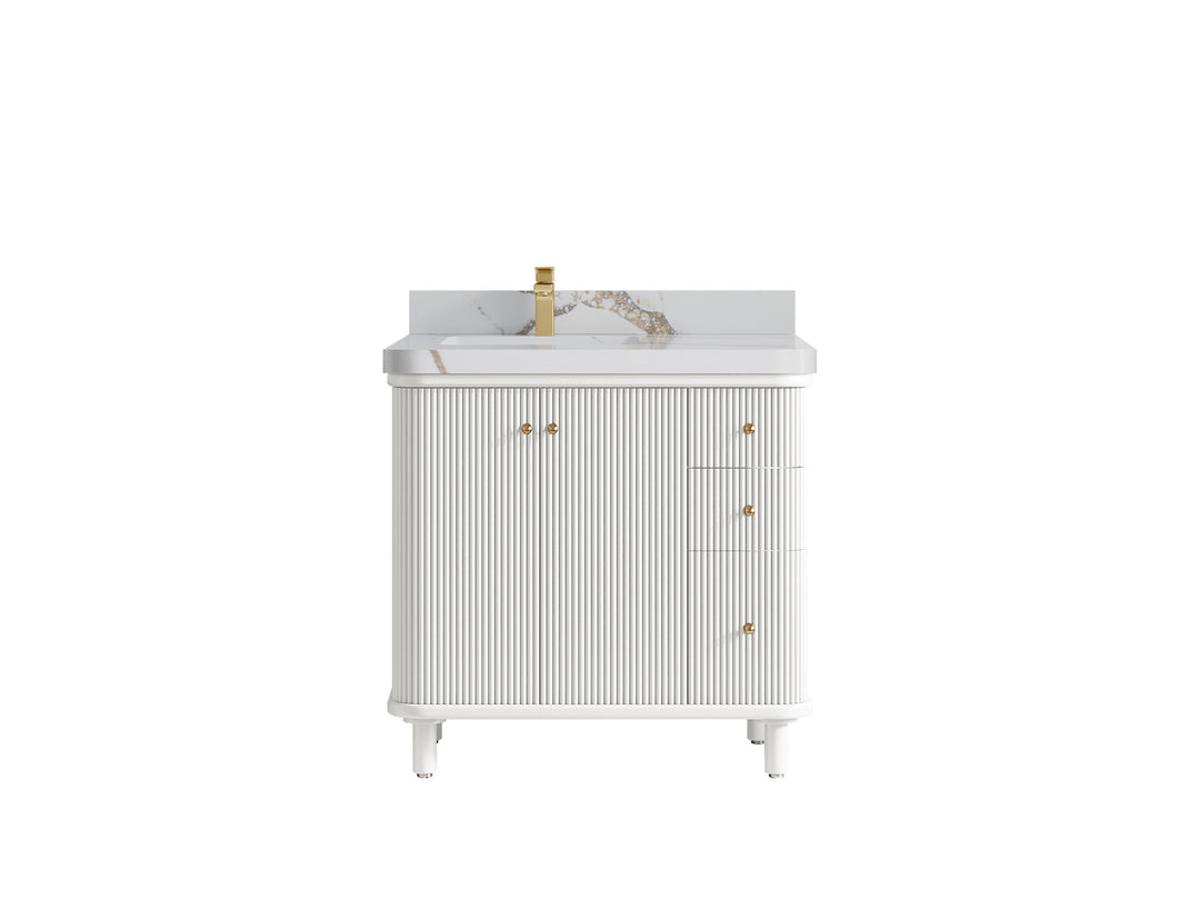 Miami 36 in. W x 22 in. D  Left Offset Sink Bathroom Vanity in White with Calacatta Gold Quartz Countertop