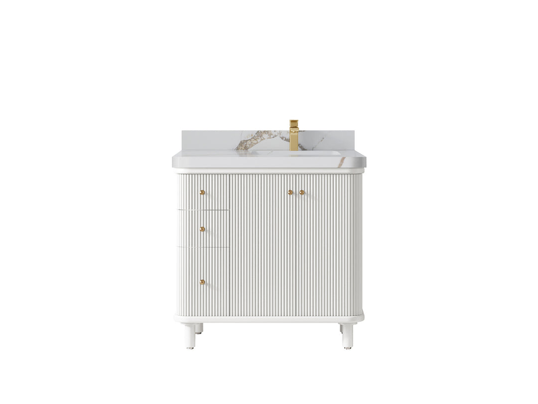 Miami 36 in. W x 22 in. D  Right Offset Sink Bathroom Vanity in White with Calacatta Gold Quartz Countertop