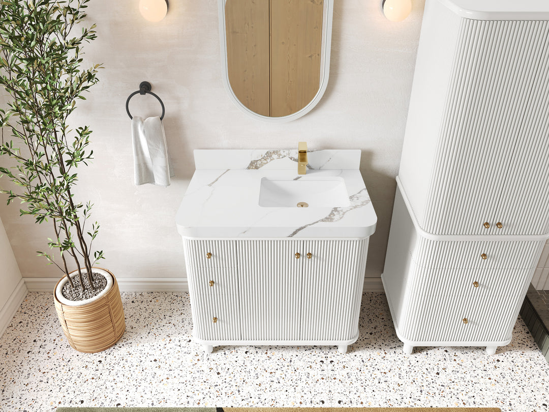 Miami 36 in. W x 22 in. D  Right Offset Sink Bathroom Vanity in White with Calacatta Gold Quartz Countertop - Top View
