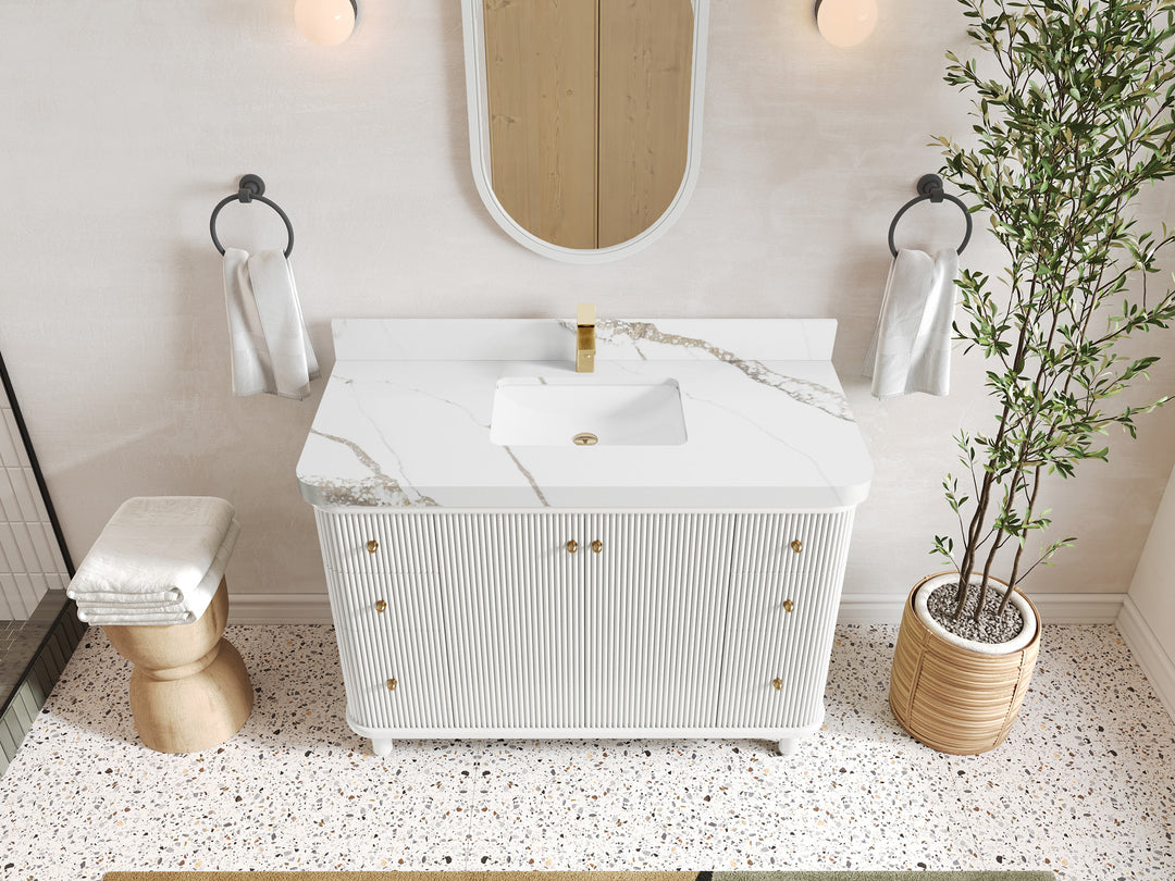 Miami 48 in. W x 22 in. D Single Sink Bathroom Vanity in White with 2 in Calacatta Gold Quartz Countertop - Top View