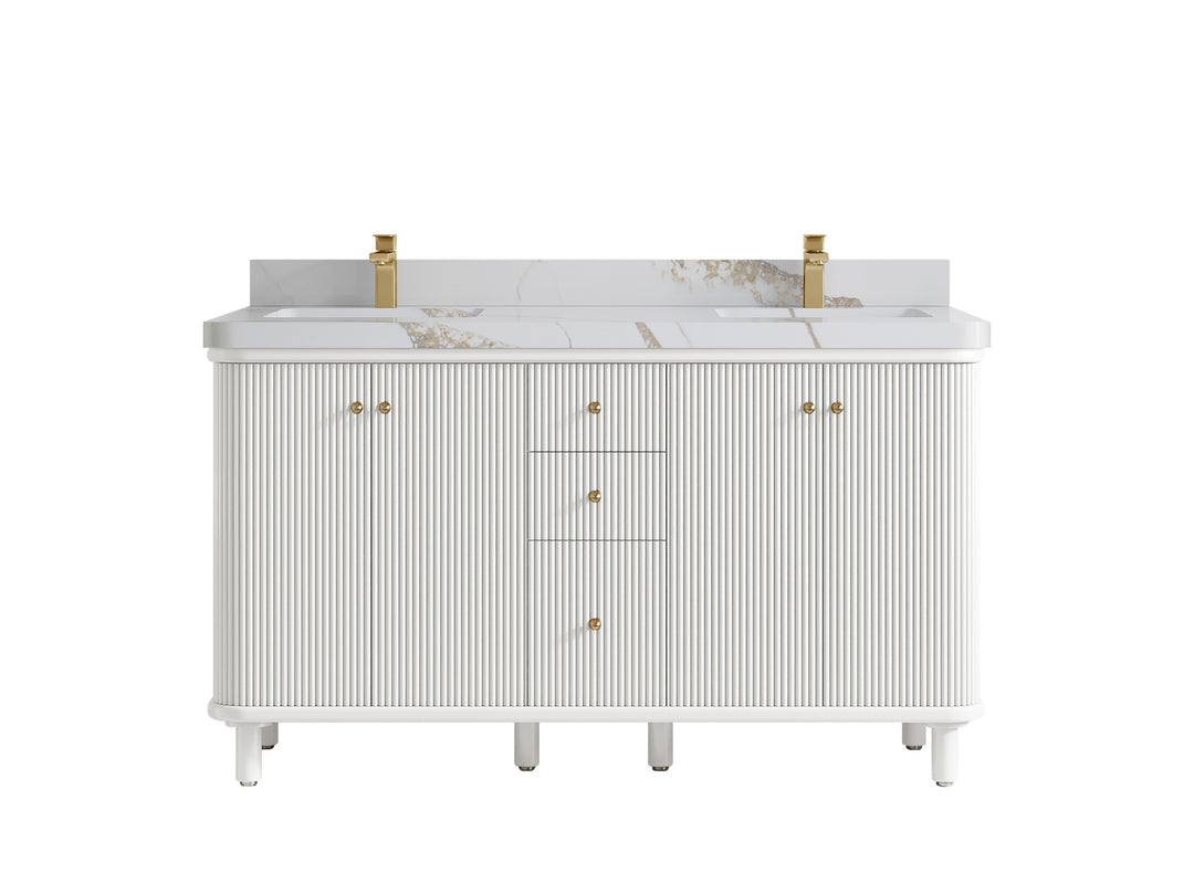 Miami 60 in. W x 22 in. D Double Sink Bathroom Vanity in White with 2 in Calacatta Gold Quartz Countertop
