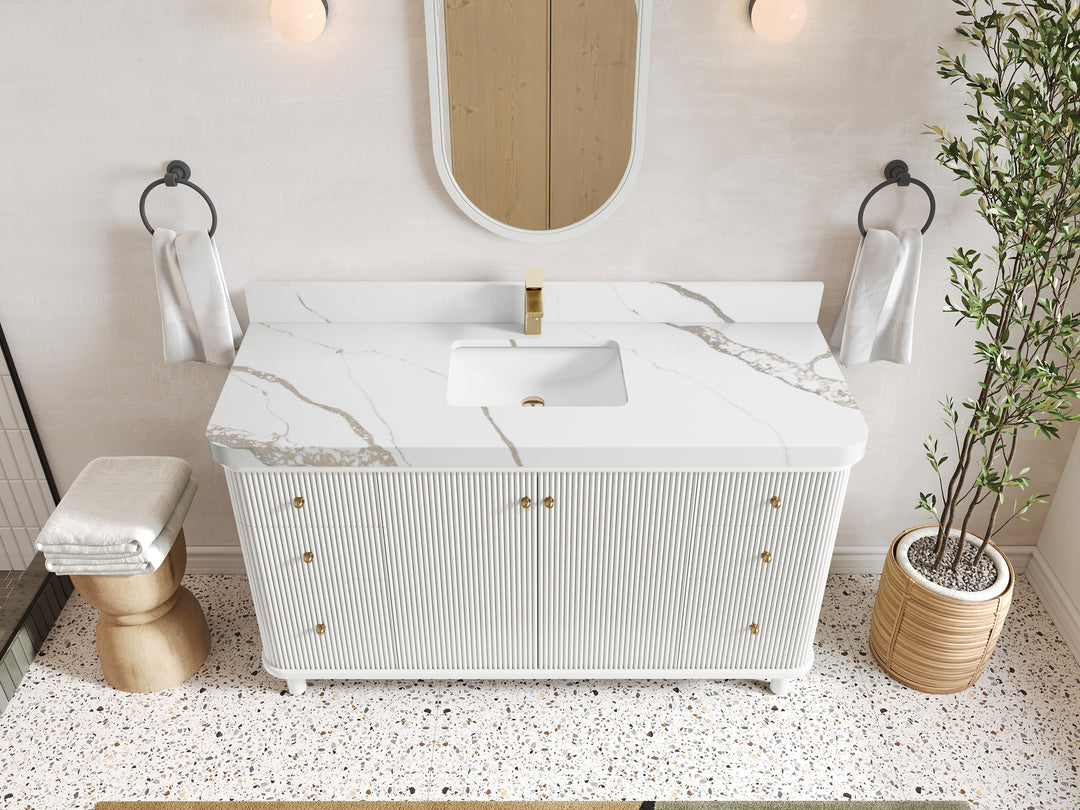 Miami 60 in. W x 22 in. D Single Sink Bathroom Vanity in White with 2 in Calacatta Gold Quartz Countertop - Top View