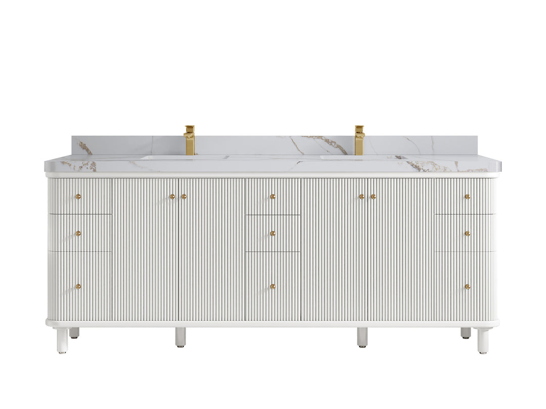 Miami 84 in. W x 22 in. D Double Sink Bathroom Vanity in White with 2 in Calacatta Gold Quartz Countertop
