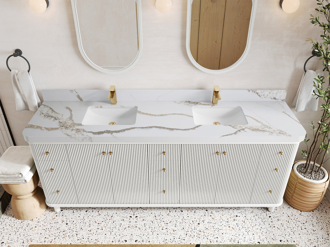 Miami 84 in. W x 22 in. D Double Sink Bathroom Vanity in White with 2 in Calacatta Gold Quartz Countertop - Top View