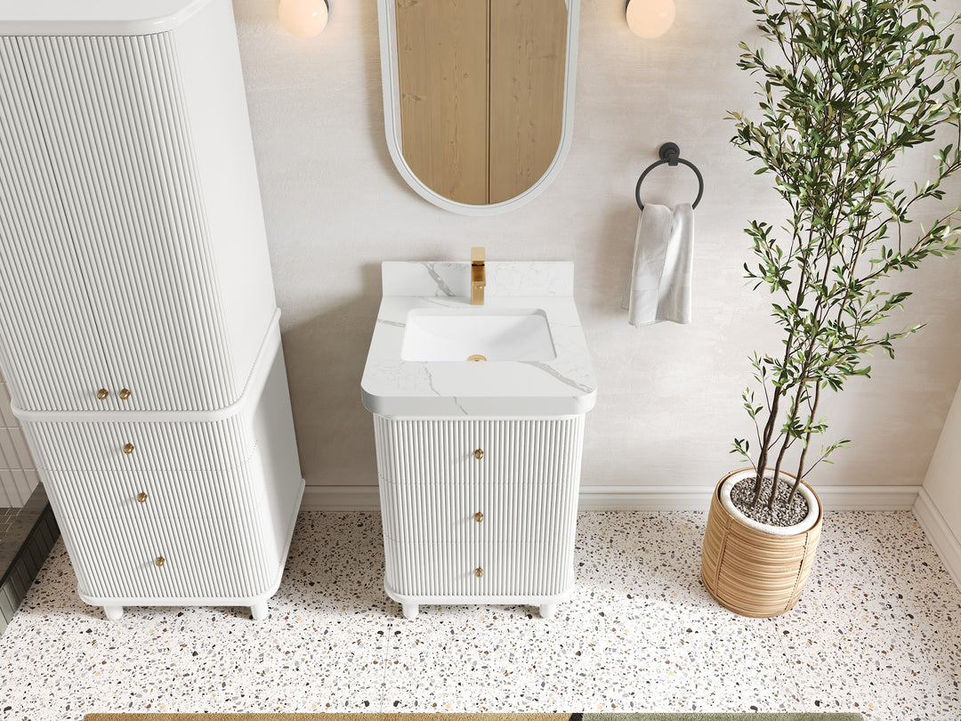 Miami 24 in. W x 22 in. D Single Sink Bathroom Vanity in White with 2 in Calacatta Laza Quartz Countertop - Top View