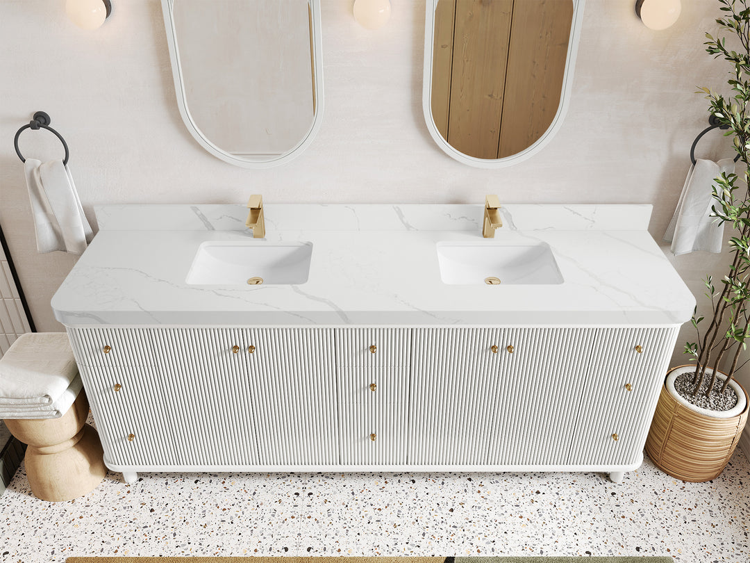 Miami 84 in. W x 22 in. D Double Sink Bathroom Vanity in White with 2 in Calacatta Laza Quartz Countertop - Top View