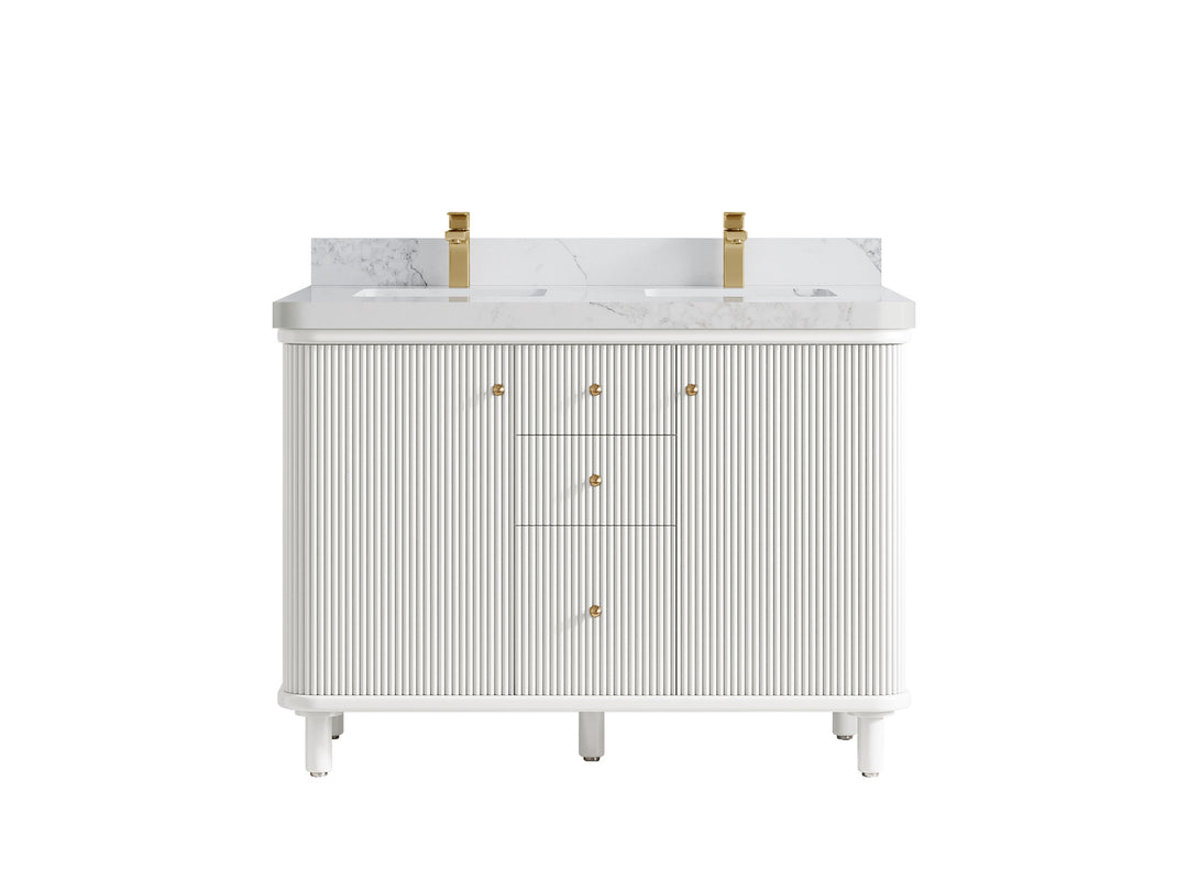 Miami 48 in. W x 22 in. D Double Sink Bathroom Vanity in White with 2 in Calacatta Nuvo Quartz Countertop