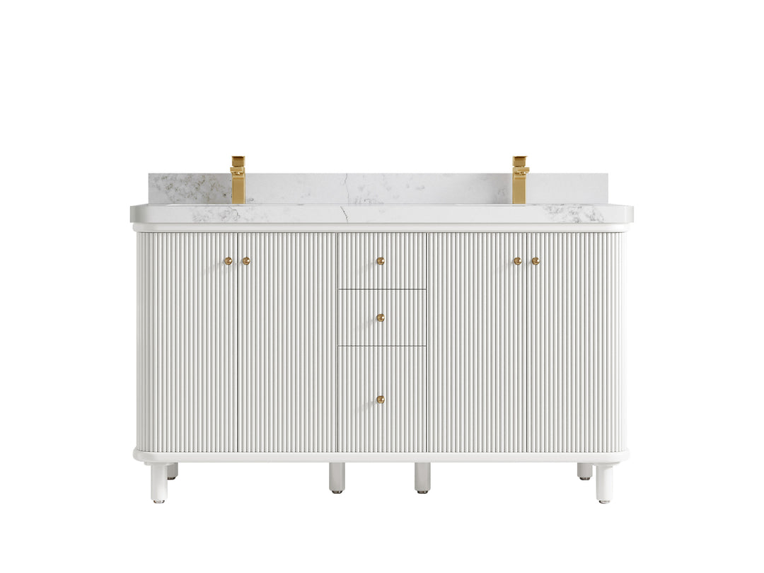 Miami 60 in. W x 22 in. D Double Sink Bathroom Vanity in White with 2 in Calacatta Nuvo Quartz Countertop