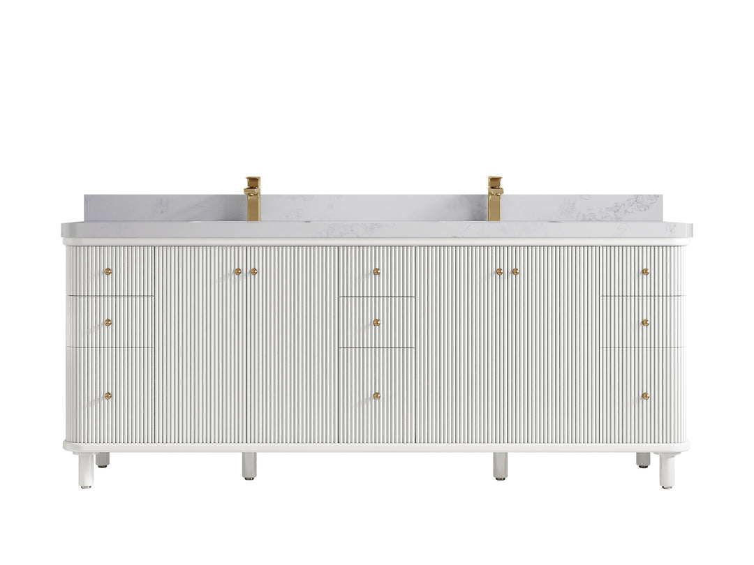 Miami 84 in. W x 22 in. D Double Sink Bathroom Vanity in White with 2 in Calacatta Nuvo Quartz Countertop