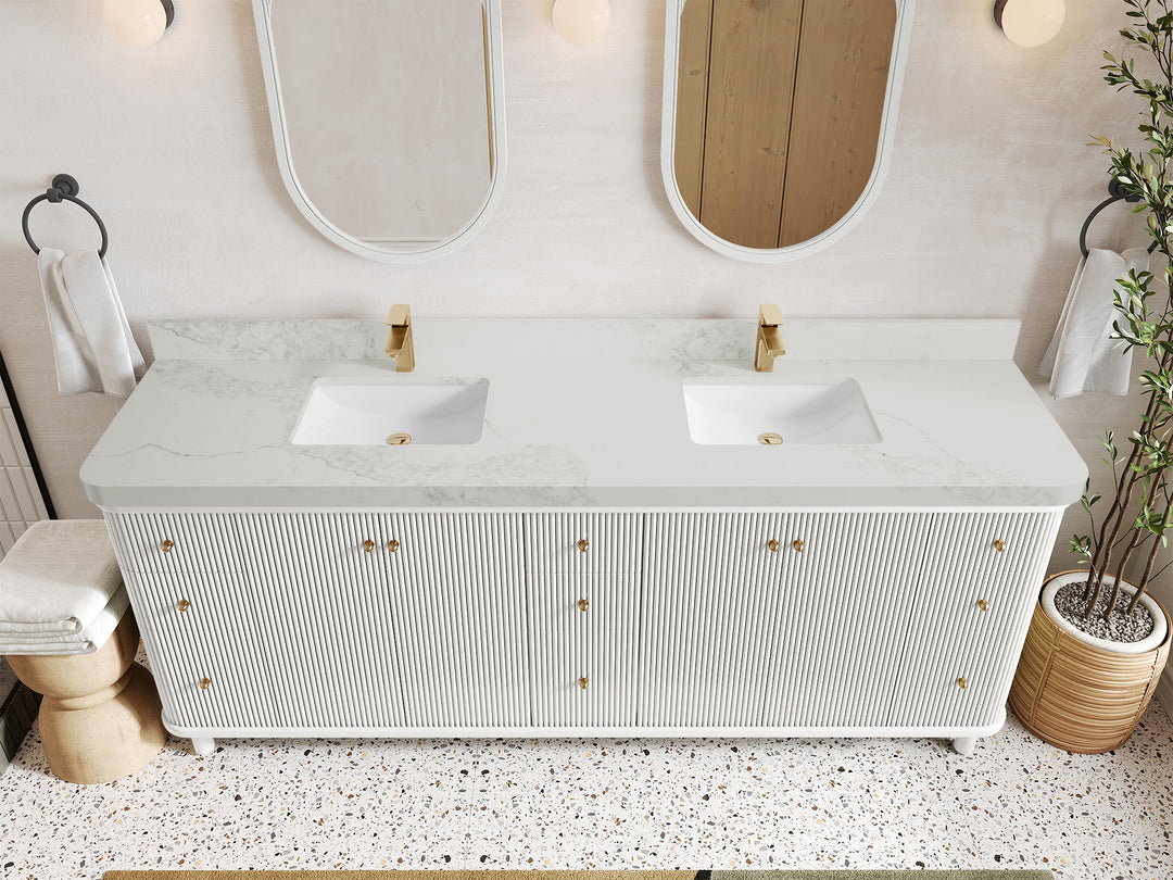 Miami 84 in. W x 22 in. D Double Sink Bathroom Vanity in White with 2 in Calacatta Nuvo Quartz Countertop - Top View