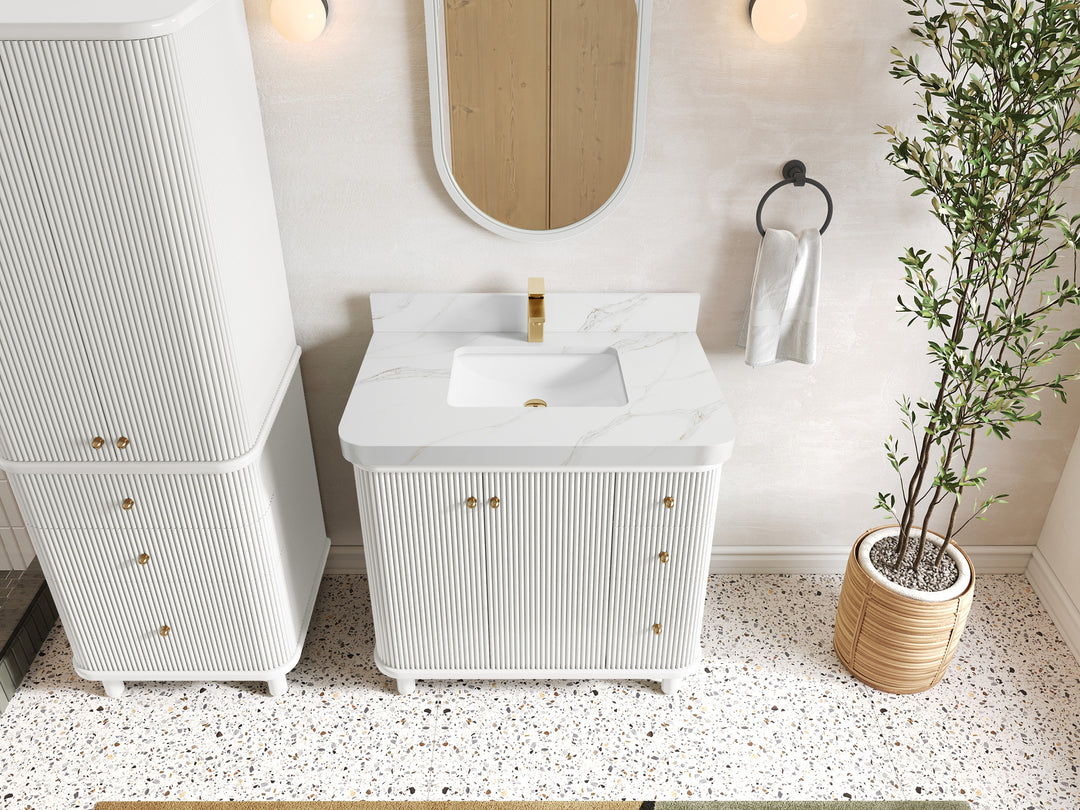 Miami 36 in. W x 22 in. D Center Sink Bathroom Vanity in White with Calacatta Sienna Quartz Countertop - Top View