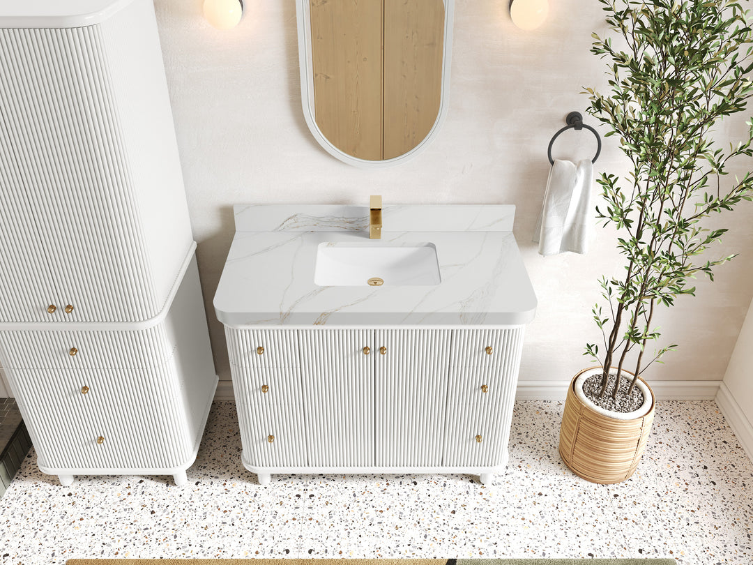 Miami 42 in. W x 22 in. D Single Sink Bathroom Vanity in White with 2 in Calacatta Sienna Quartz Countertop - Top View