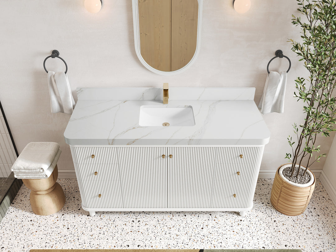 Miami 60 in. W x 22 in. D Single Sink Bathroom Vanity in White with 2 in Calacatta Sienna Quartz Countertop - Top View