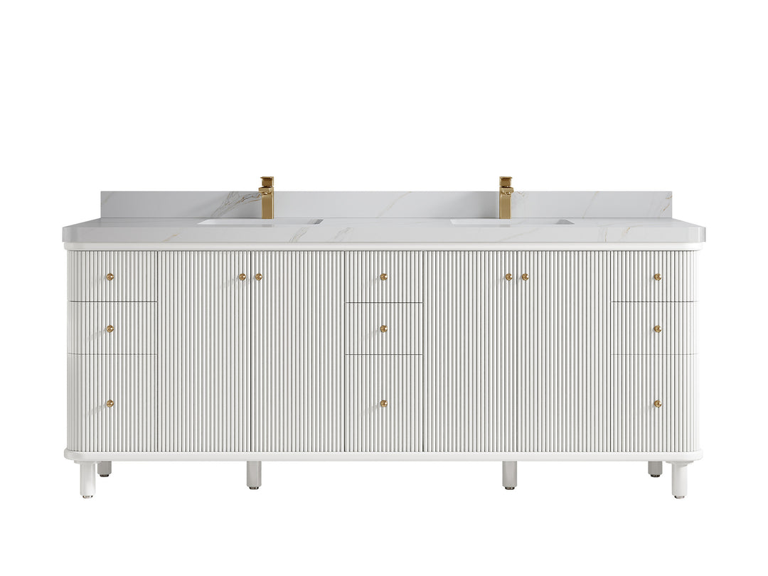Miami 84 in. W x 22 in. D Double Sink Bathroom Vanity in White with 2 in Calacatta Sienna Quartz Countertop