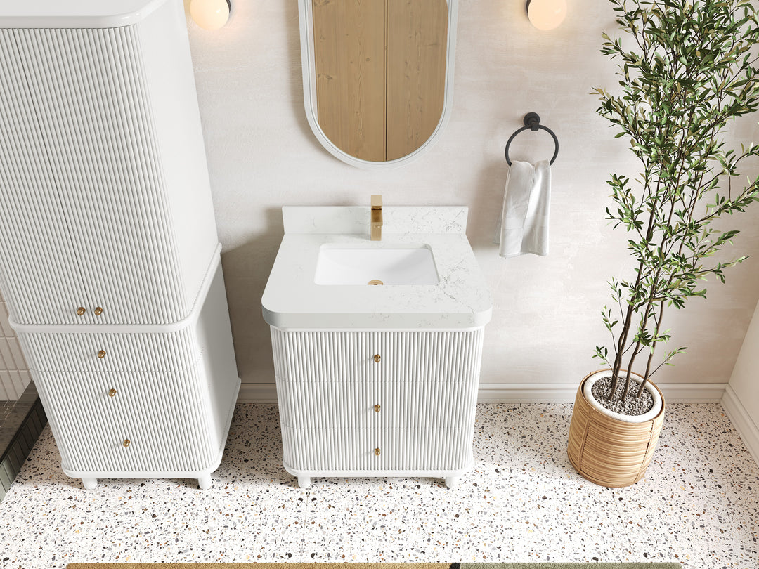 Miami 30 in. W x 22 in. D Single Sink Bathroom Vanity in White with 2 in Empira White Quartz Countertop - Top View