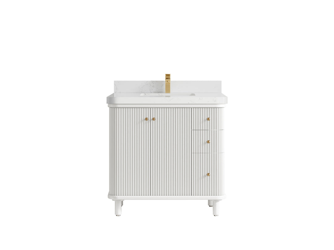 Miami 36 in. W x 22 in. D Center Sink Bathroom Vanity in White with Empira White Quartz Countertop