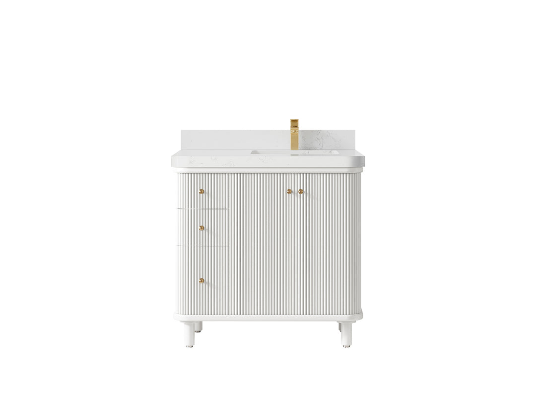 Miami 36 in. W x 22 in. D  Right Offset Sink Bathroom Vanity in White with Empira White Quartz Countertop