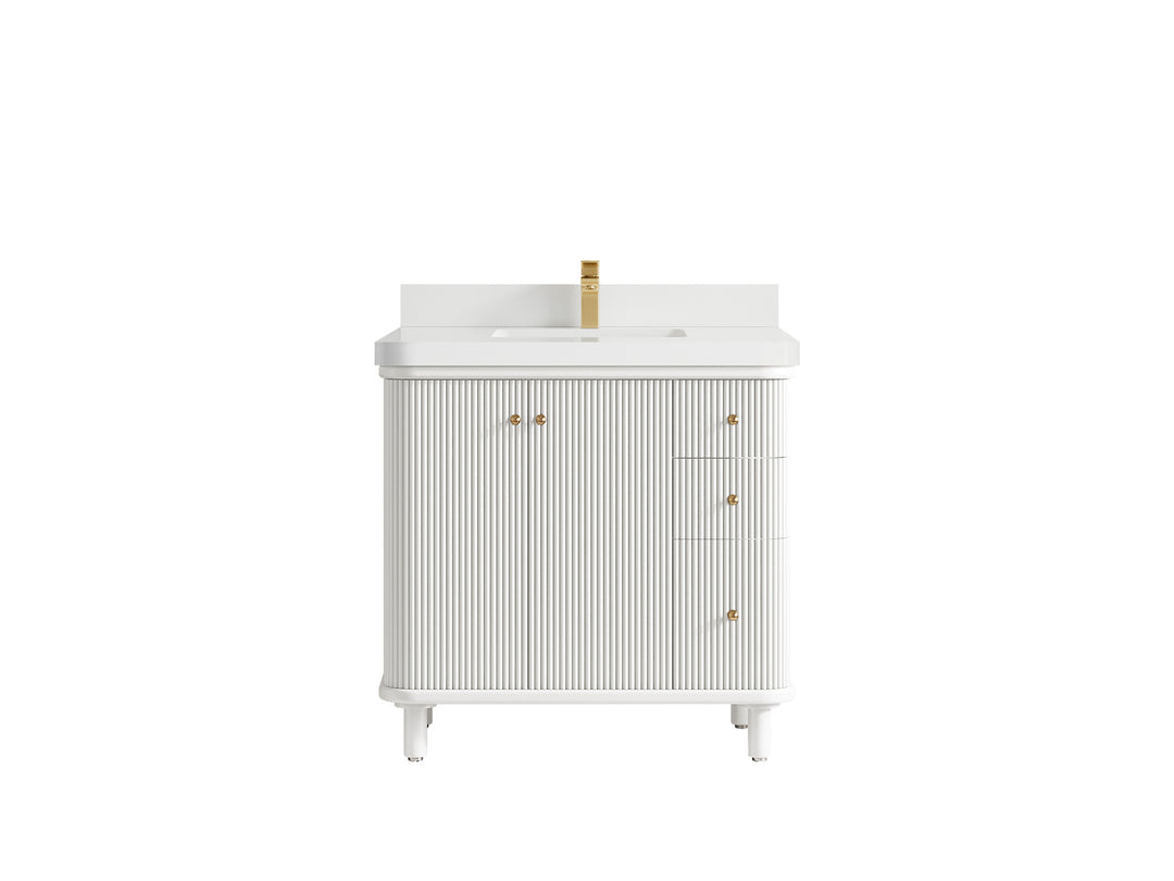 Miami 36 in. W x 22 in. D Center Sink Bathroom Vanity in White with White Quartz Countertop