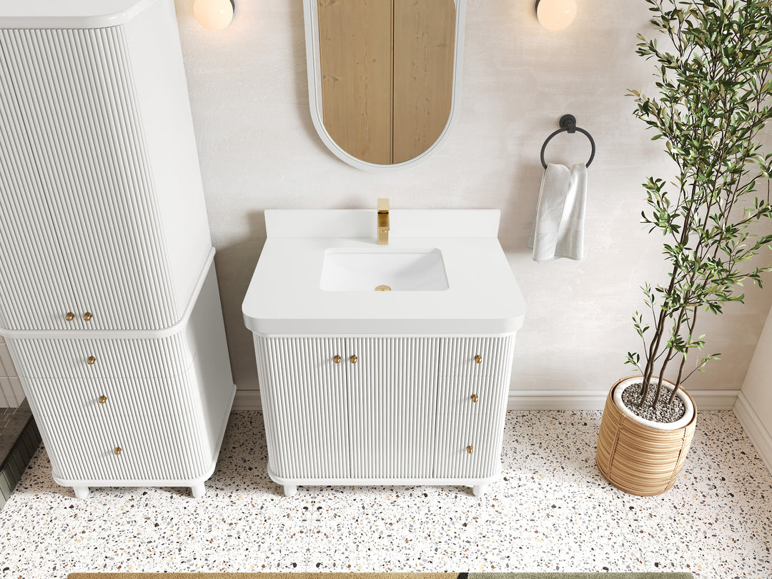 Miami 36 in. W x 22 in. D Center Sink Bathroom Vanity in White with White Quartz Countertop - Top View