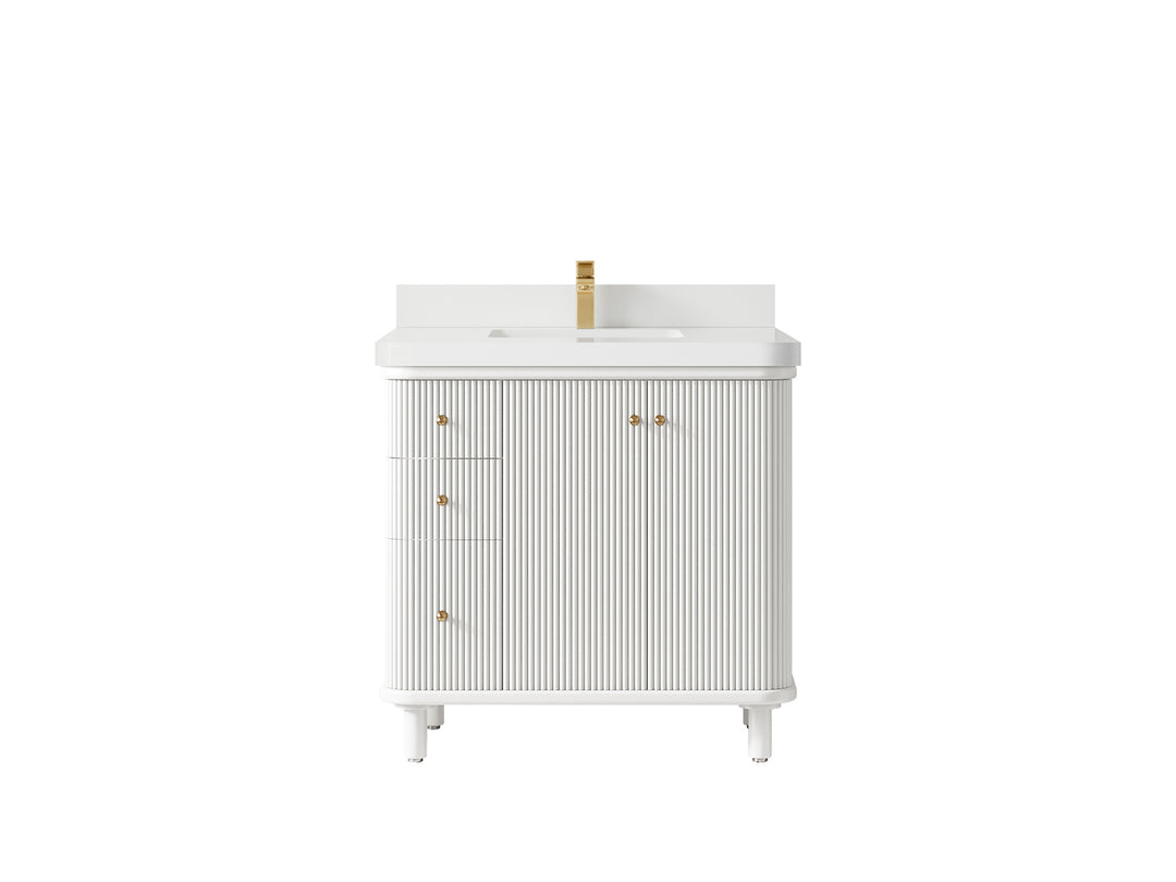 Miami 36 in. W x 22 in. D Center Sink Bathroom Vanity in White with White Quartz Countertop
