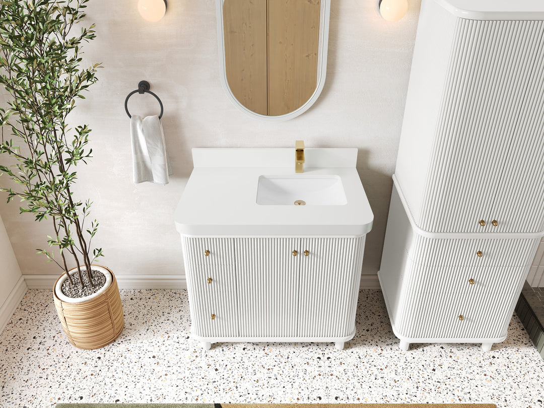 Miami 36 in. W x 22 in. D  Right Offset Sink Bathroom Vanity in White with White Quartz Countertop - Top View