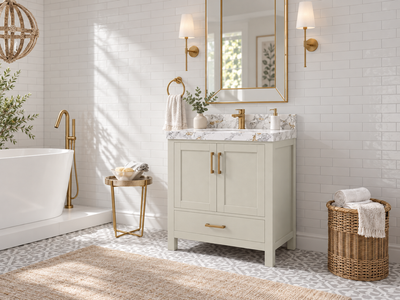 Malibu 30-inch Fine Grain Linen Beige single-sink vanity with Calacatta Poanazzo Quartz top in a naturally lit bathroom; owner-approved lifestyle render.